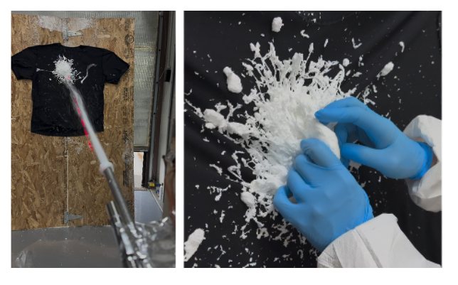 Foam application onto a fabric target and gloved hands handling the cured foam during a laboratory demonstration
