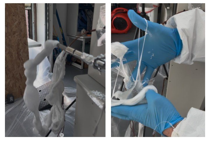 Gloved hands handling material in a laboratory